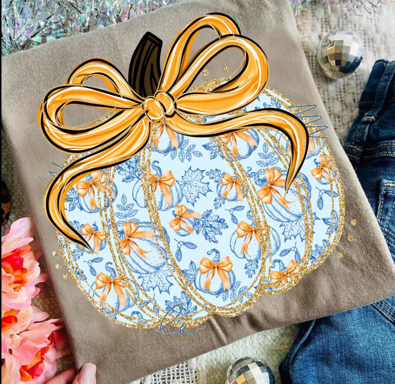 Blue & White Pumpkin with Bows Top