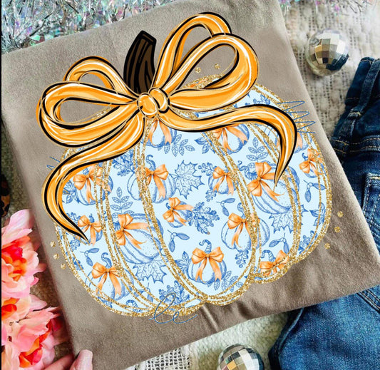 Blue & White Pumpkin with Bows Top